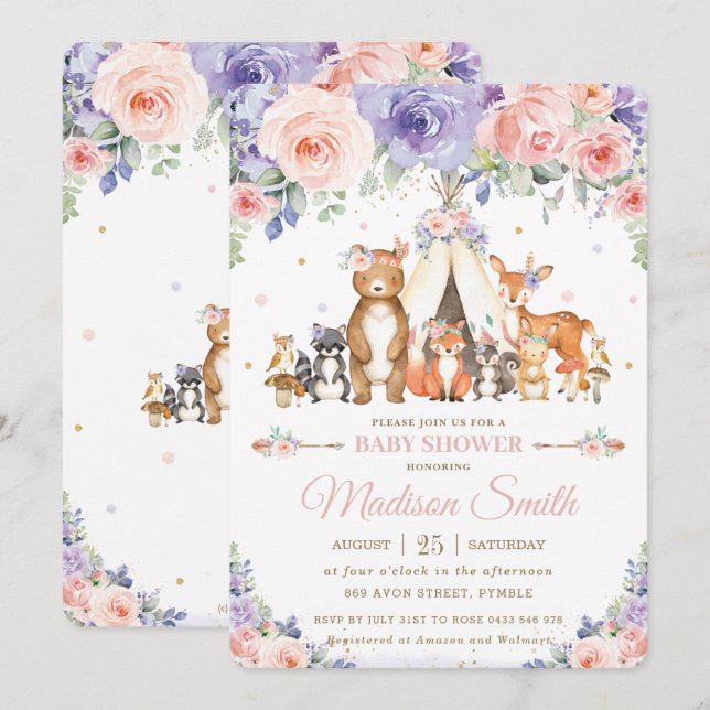 Invitation Animaux de forêt Baby shower floral Lilac (Devant / Derrière)