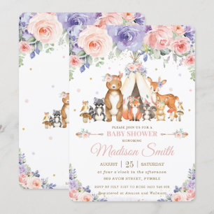 Invitation Animaux de forêt Baby shower floral Lilac
