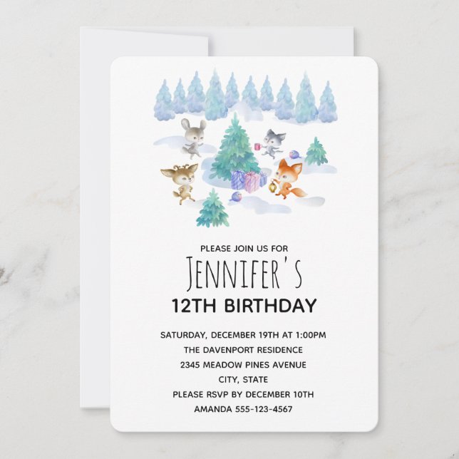 Invitation Animaux De Forêt Dansant Autour De Fir Arbre Anniv (Devant)