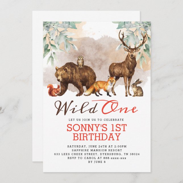 Invitation Animaux de forêt Wild One fête d'anniversaire (Devant / Derrière)
