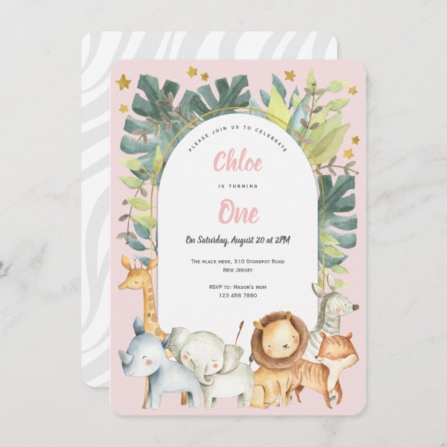 Invitation Animaux de jungle rose, fille mignonne 1er anniver (Devant / Derrière)