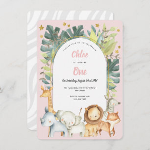 Invitation Animaux de jungle rose, fille mignonne 1er anniver