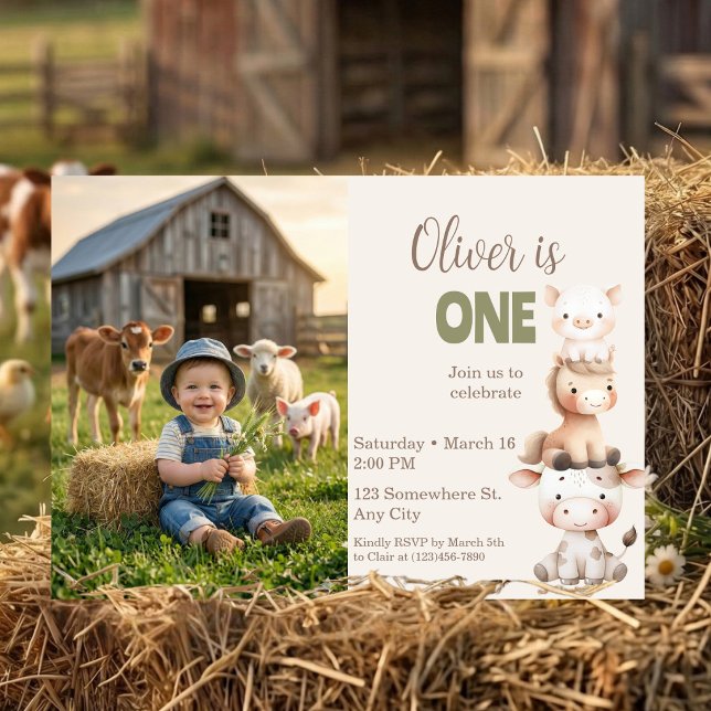 Invitation Animaux de la ferme 1er anniversaire Barnyard Bébé (Farm Animals 1st Birthday Barnyard Baby Boy Photo Invitation)