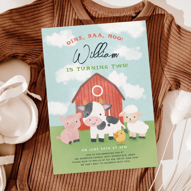 Invitation Animaux de la ferme à l'aquarelle 2e anniversaire (Créateur téléchargé)