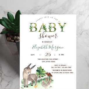 Invitation Animaux de la ferme à l'aquarelle Baby Shower Âne