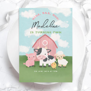 Invitation Animaux de la ferme aquarelle rose pour fille 2ème
