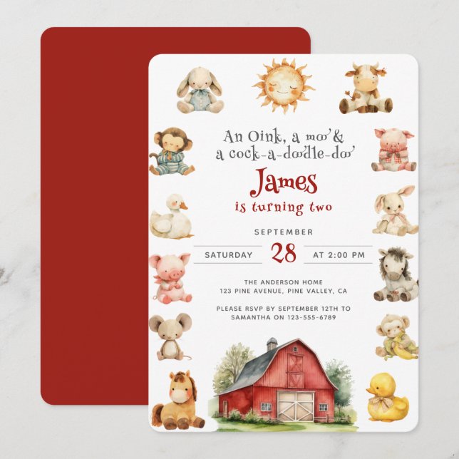 Invitation Animaux de la ferme bébé à l'aquarelle Fête d'anni (Devant / Derrière)