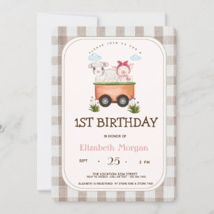 Invitation Animaux de la Ferme Cochon Mouton Gingham