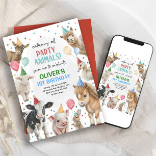 Invitation Animaux de la ferme colorés ballons garçon anniver