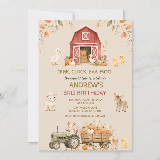 Invitation Animaux de la ferme d'automne 3e anniversaire (Devant)