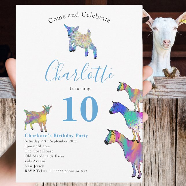 Invitation Animaux de la ferme de chèvres 10e fête d'annivers (Cute goats colorful farm animal art watercolor 10th birthday party invitation )