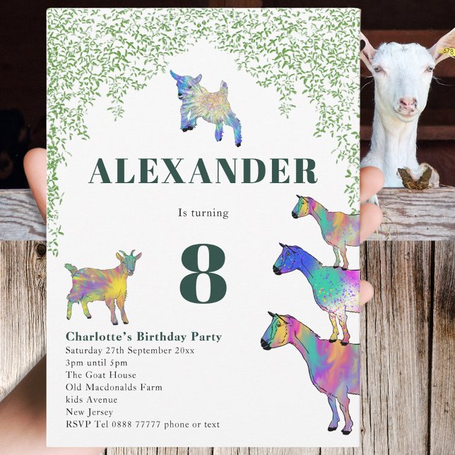 Invitation Animaux de la ferme de chèvres 8e fête d'anniversa (Goats cute farm animal 8th birthday party invitation fun Colorful watercolor goat art)