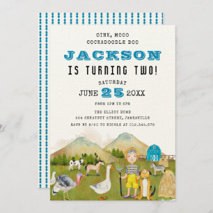 Invitation Animaux de la ferme et garçon 2e anniversaire