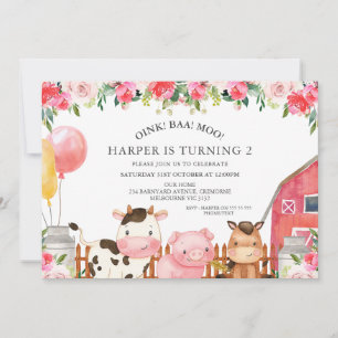 Invitation Animaux de la ferme Florale rose chaud Anniversair