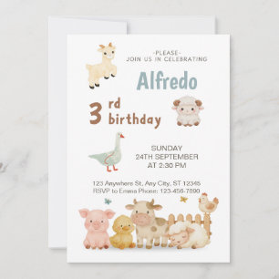Invitation Animaux de la ferme illustrés pastel pour annivers