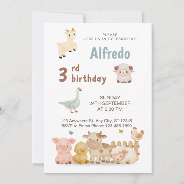 Invitation Animaux de la ferme illustrés pastel pour annivers (Devant)