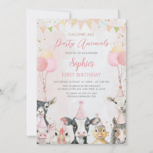 Invitation Animaux de la ferme rose Fille 1er anniversaire