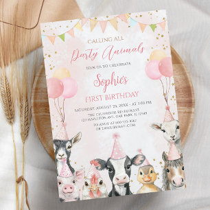 Invitation Animaux de la ferme rose Fille 1er anniversaire