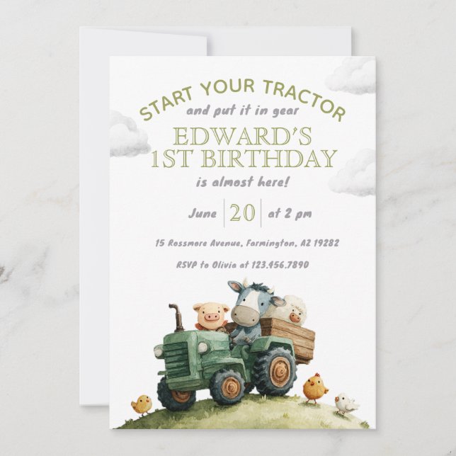 Invitation Animaux de la ferme Tracteur vert Anniversaire  (Devant)