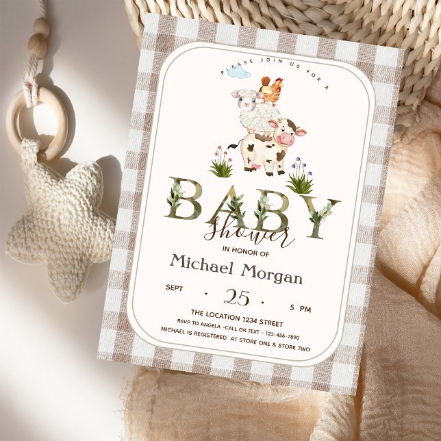 Invitation Animaux de la Ferme Vichy Baby Shower (Créateur téléchargé)