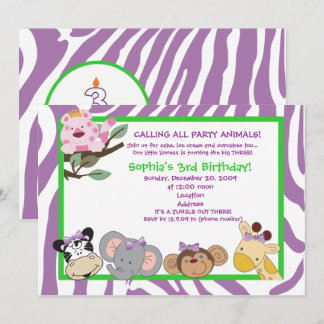 Invitation ANIMAUX DE LA FÊTE Zèbre 3E Anniversaire Jungle 5x