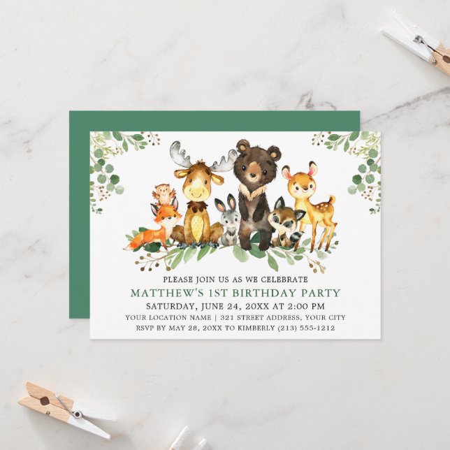 Invitation Animaux de la forêt à l'aquarelle pour un premier  (Devant/Arrière en situation)