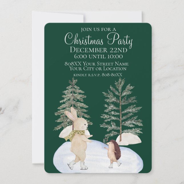 Invitation Animaux de la forêt à patins à glace aquarelle sur (Devant)