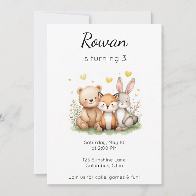 Invitation Animaux de la Forêt Anniversaire Ours Renard Lapin (Devant)