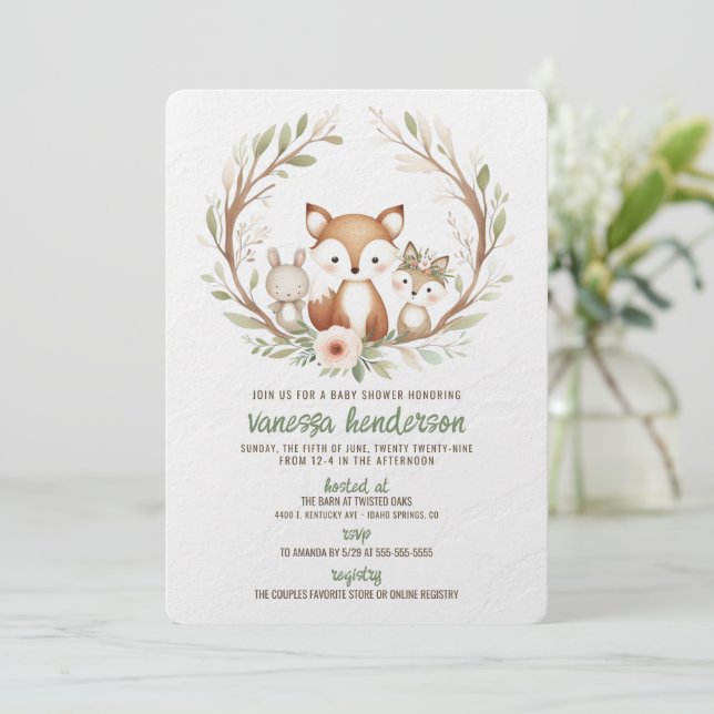 Invitation Animaux de la Forêt Baby Shower (Debout devant)