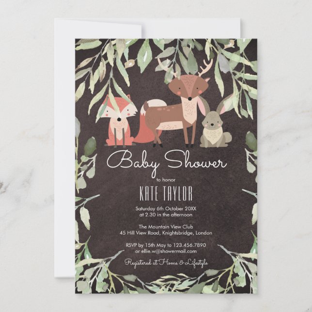 Invitation Animaux de la forêt Baby Shower Tableau noir (Devant)