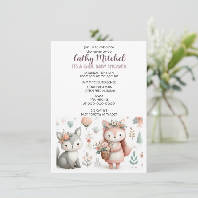 Invitation Animaux de la Forêt "C'est une Fille" Baby Shower  (Debout devant)