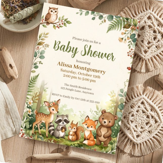 Invitation Animaux de la forêt de bois verdure Baby Shower  (Créateur téléchargé)