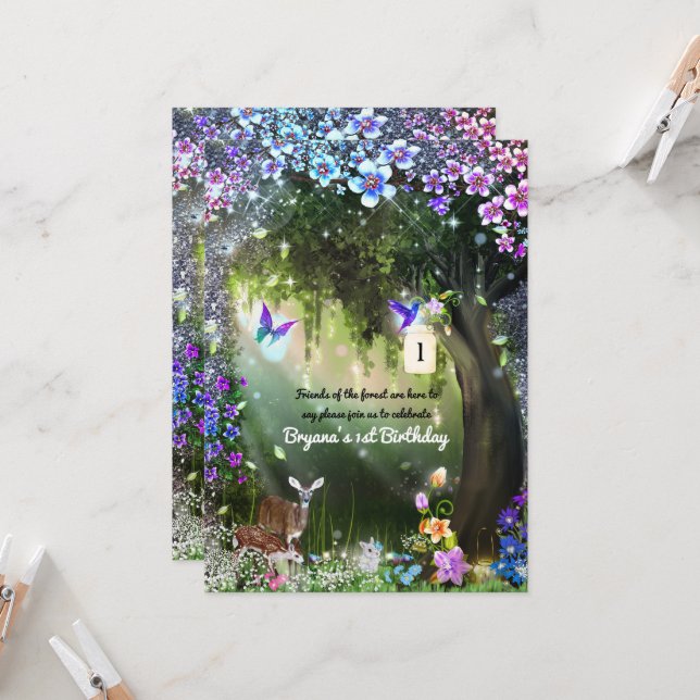 Invitation Animaux de la forêt enchantée de fantaisie dans (Devant/Arrière en situation)