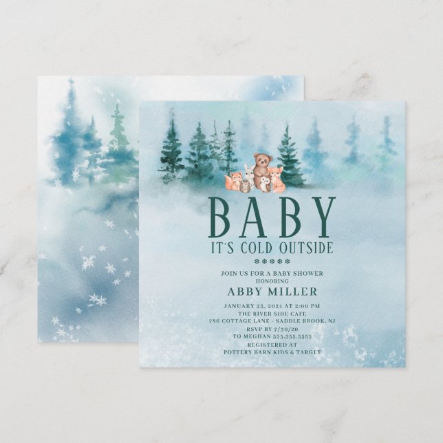 Invitation Animaux de la forêt enchantée de l'hiver Bébé il f (Devant / Derrière)