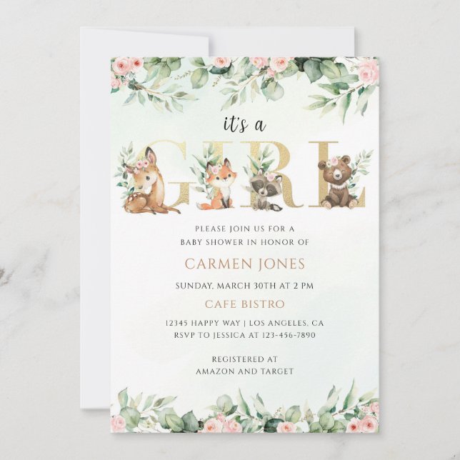Invitation Animaux de la forêt Fille Baby Shower Vert (Devant)