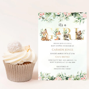 Invitation Animaux de la forêt Fille Baby Shower Vert