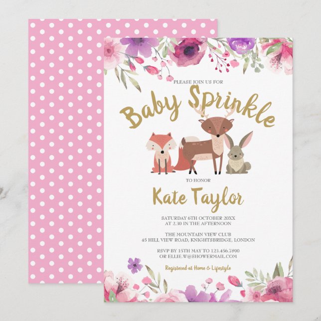 Invitation Animaux de la forêt Fleur bébé fille Sprinkle/Show (Devant / Derrière)