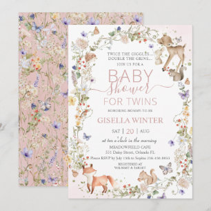 Invitation Animaux de la forêt Fleurs sauvages Jumelles Baby