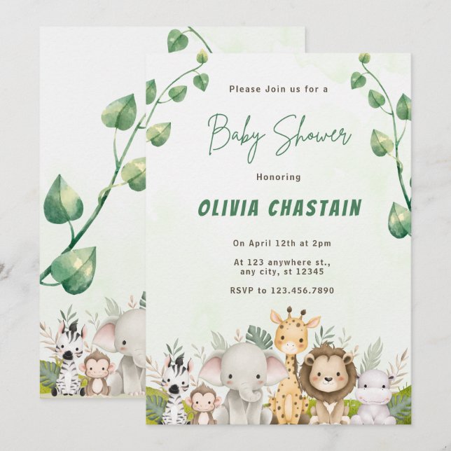 Invitation Animaux de la forêt moderne Fête de bébé fille (Devant / Derrière)
