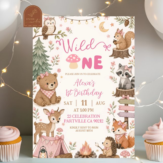 Invitation Animaux de la forêt rose Wild One Fille Anniversai (Créateur téléchargé)