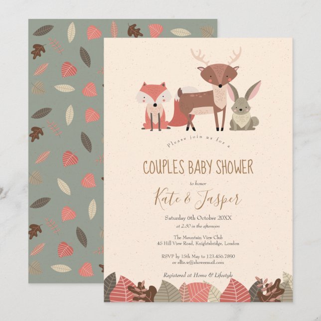 Invitation Animaux de la forêt rustiques pour une baby shower (Devant / Derrière)