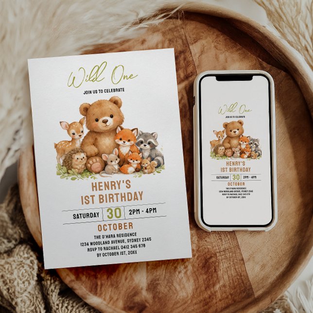Invitation Animaux de la forêt sauvage pour un premier annive (Forest Woodland Animals Wild One 1st Birthday Invitation
)
