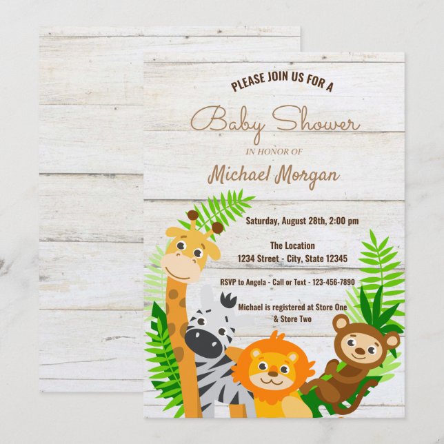 Invitation Animaux de la Forêt, Texture de Bois, Baby Shower  (Devant / Derrière)