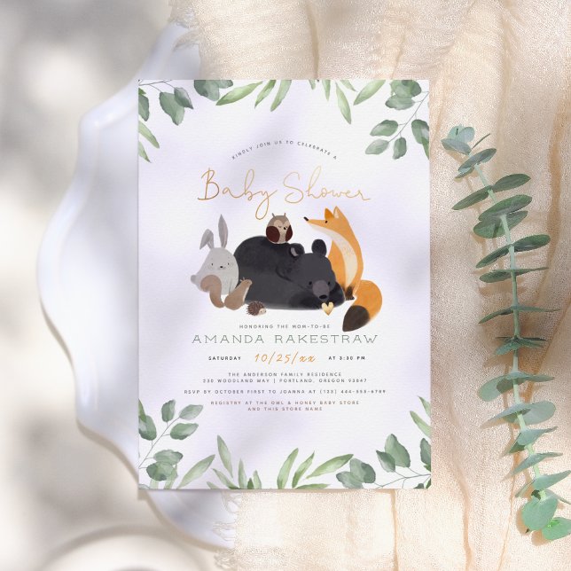 Invitation Animaux de la Forêt Verdure d'Or Bain de Bébé (Créateur téléchargé)