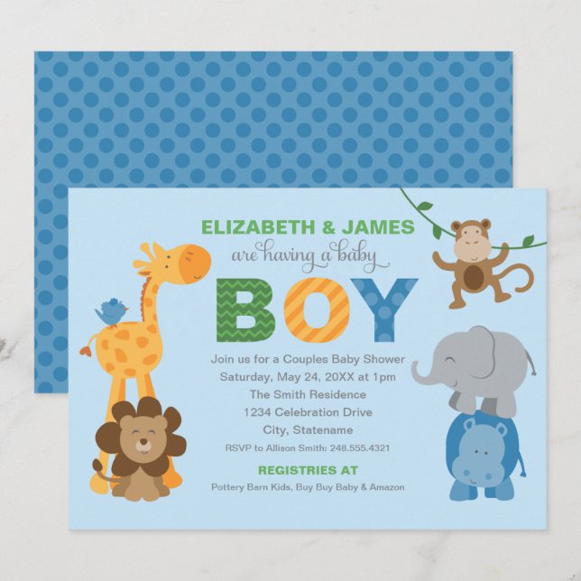Invitation Animaux de la Jungle Bleue Baby Shower Couple (Devant / Derrière)