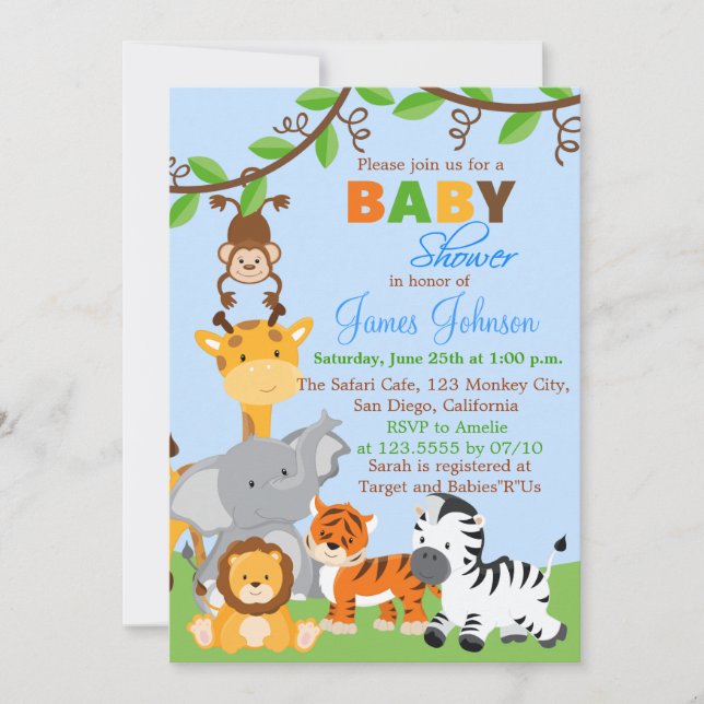 Invitation Animaux de la jungle mignonne Baby shower garçon I (Devant)