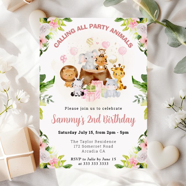 Invitation Animaux de la jungle rose aquarelle Anniversaire e (Créateur téléchargé)