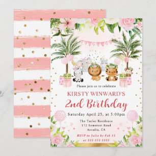 Invitation Animaux de la jungle rose aquarelle pour l'anniver