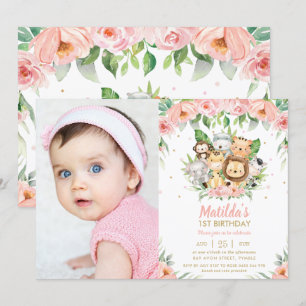 Invitation Animaux de la jungle rose Floral 1er anniversaire 