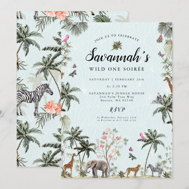 Invitation Animaux de la jungle tropicale | Anniversaire de G (Devant / Derrière)